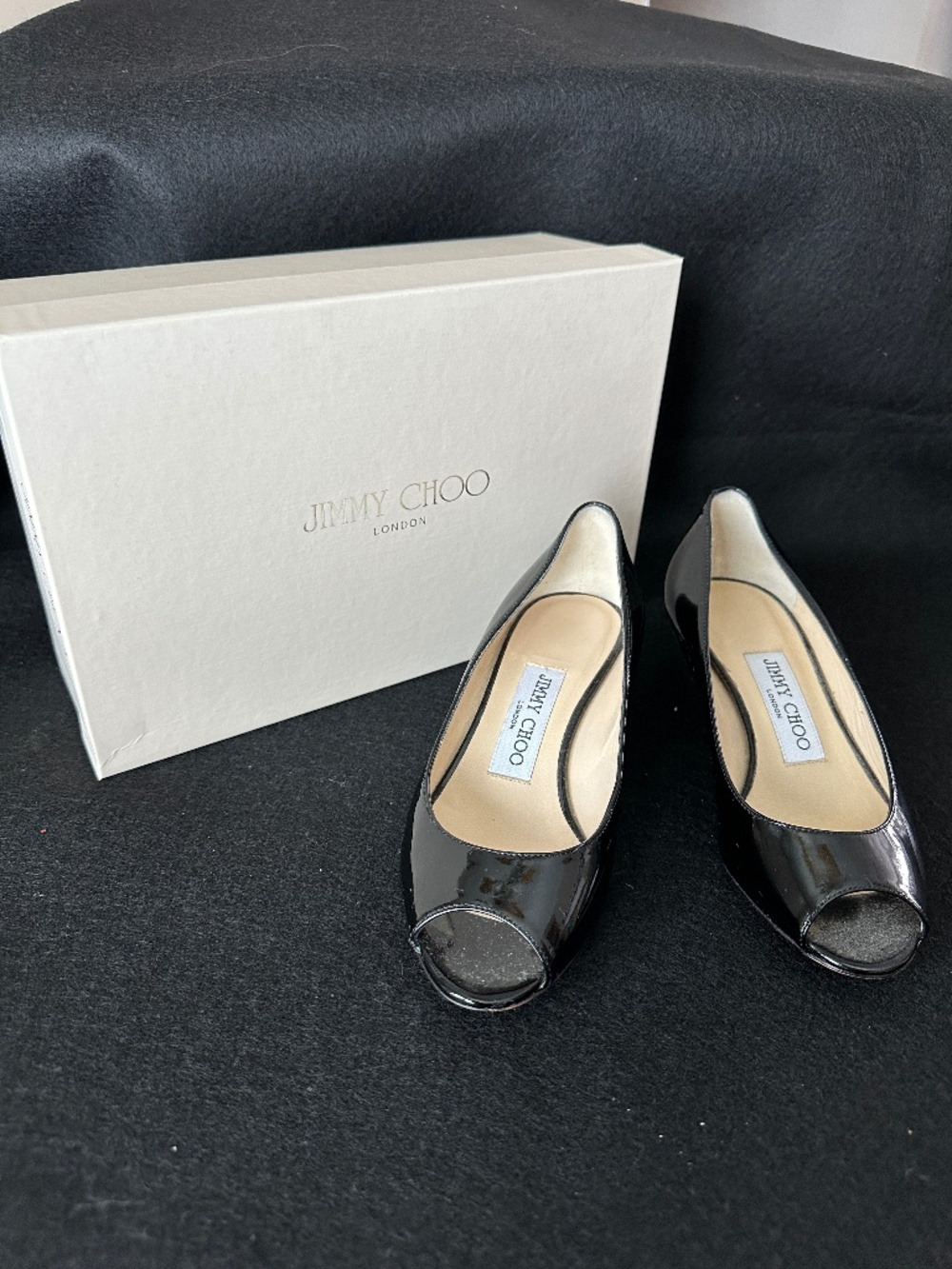 Jimmy Choo black patent leather peep toe wedge pumps size 35